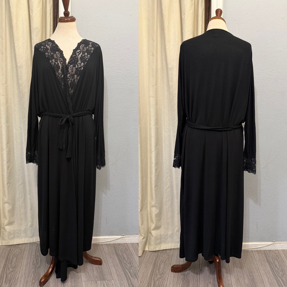 Y2K Hips & Curves 5X/6X Wrap Robe Womens Black Lace Trim Long Loungewear Plus